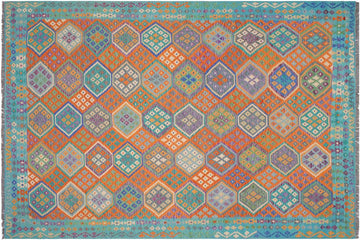 Flat Weave Kilim, Antique, Navaho, Vintage, Handmade, Geometric Kilim Rust Blue Hand-Woven Rectangle 100% Wool Area Rug 9 x 11